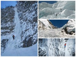 Αριστερά παγωμένος καταρράκτης στους Μελισσουργούς, δεξιά από πάνω: παγετωνικός καταρράκτης Khumu, Everest από κοντά και μακριά, παγωμένη ορθοπλαγιά.
